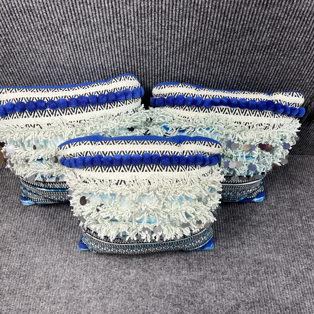 Xhilaration Throw Pillows Blue Pom Pom Fringe Silver Sequins Decorative Set Of 3